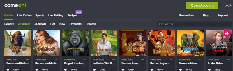comeon homepage provides gambling games, พิเศษฝากครั้งแรกและโปรโมชั่นสำหรับผู้เล่นใหม่โลโก้