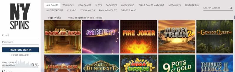 nyspins homepage offers casino games, โบนัสเงินฝากครั้งแรกและแคมเปญสำหรับผู้เล่นใหม่-โลโก้