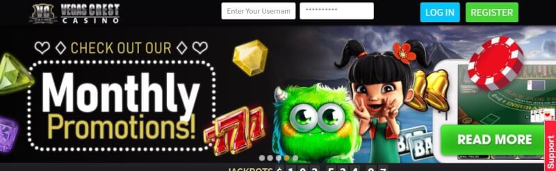 vegas crest homepage provides gambling games, online bingo, first deposit extra and campaigns for new players-logo