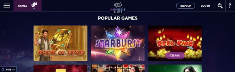genesis casino lobby provides preferred games like starburst and guide of lifeless, in addition extra offers are available from the menu-logo
