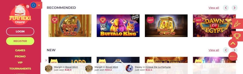 maneki casino website offers casino games, very first deposit extra and campaigns for new players-logo