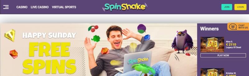 spinshake casino homepage offers casino games, very first deposit extra and promotions for new players-logo