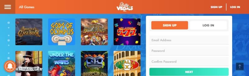 slottyvegas casino lobby offers various casino games, registration options and bonus offers-logo