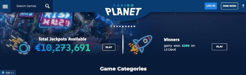 casino earth lobby provides jackpot games, search games filter and offers for new players-logo