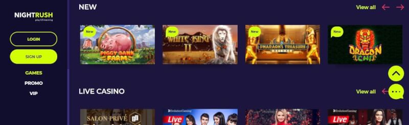 nightrush casino homepage offers casino games, cashback bonus and campaigns for brand new players-logo