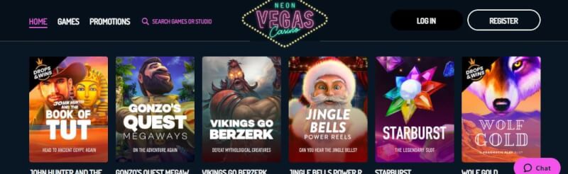 neon vegas casino homepage offers gambling games and promotions-logo