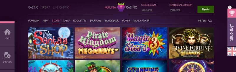 malina casino website offers casino games and campaigns for new players-logo