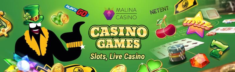 malina casino offers various casino games like slot machines, เกมคาสิโนสดอย่างแบล็คแจ็ค, บาคาร่าและรูเล็ต-โลโก้
